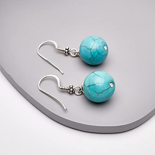 TreasureBay Handmade 12mm Natural Blue Turquoise Dangle Drop Ball Earrings, Womens Pierced Earrings