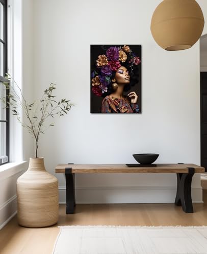 GLOKAKA African American Women Canvas Wall Art Black Woman with Flower Head Modern Portrait Artwork Beauty Abstract Girl Painting for Bedroom Living Room Wall Decor