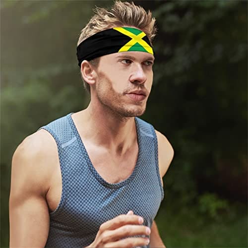 Kuiaobaty Jamaica Flag Print Sweatband for Running, Working Out, Yoga, Basketball, Tennis, Jamaican Bandana Green Yellow Stripe Headband for Men Women