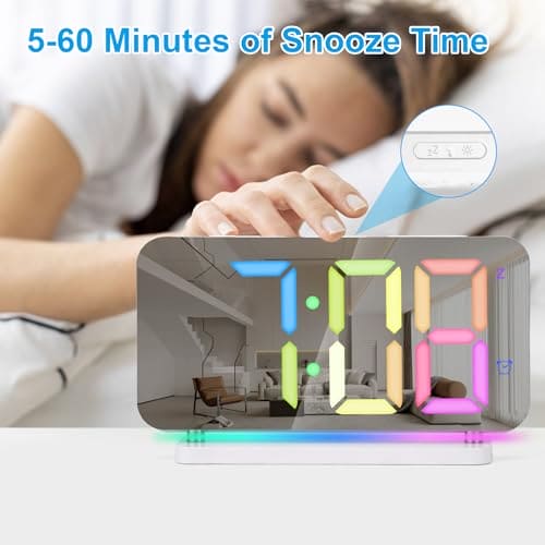 Sukeen Alarm Clock, 7.4" LED Digital Clock, Mirror Clock with 11 Colors Time Display, 10 Modes RGB Night Light, USB C Charger Port, Volume, Brightness, Alarm Clocks Bedside for Bedroom Home - White