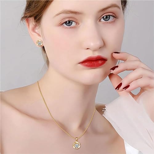 Josfeva Jewellery Sets for Women Girls, 925 Sterling Silver Pendant Necklace & Stud Earrings Sets with White Cubic Zirconia, Gold Flower Jewellery Set Gifts for Birthday Christmas Valentines