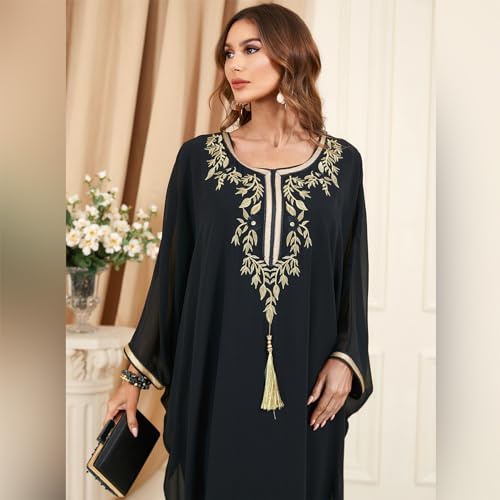 IBTOM CASTLE Muslim Abaya for Women Long Batwing Sleeved Dresses Dubai Modest Floral Embroidery Kaftan Dress Turkey Maxi Prayer Dress Caftan Robe Dresses Black One Size