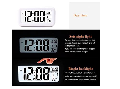 DTL Digital Alarm Clock LED Display with Temperature Big Larger LCD Digit Backlit Display Snooze Smart Brightness Sensor for Bedroom Home Office and Travel (Black)