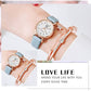 Women's Alloy Watch Bracelet Two Piece Simple Quartz Watch Diamond Bracelet Ladies Leather Strap Watch (Blue)