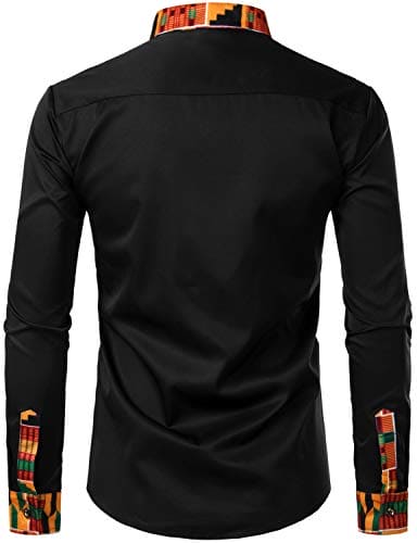 PARKLEES Men's African Dashiki Tribal Graphic Patchwork Long Sleeve Printed Grandad Collar Shirt PZZCL46 Black XL