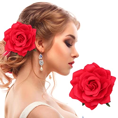 PROUSKY Red Rose Flower Hair Clip, Artifical Red Rose Flower Hairpin for Bridal Bridesmaid Girls, Flamenco Dancer Hair Brooch and Pins for Women, Rose Red Hair Accessories for Christmas, Wedding