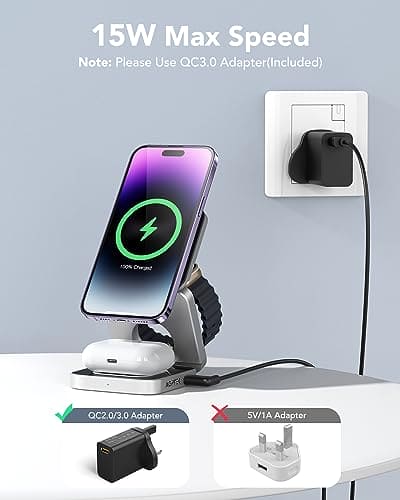 AGPTEK 3 in 1 Wireless Charging Station, Mag -Safe Magnetic Foldable Wireless Charger, Travel Charger for iPhone 15 14 13 12 Pro Max/Mini, for Apple Watch 2-9/Airpod, with Carrying Case 18W Adapter