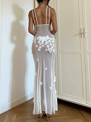 Women Sleeveless Sheer Mesh Maxi Dress Summer V Neck 3D Flower Slit Party Dress See-Through Backless Chiffon Long Dress Beach Cover-ups (White, S)