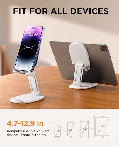 JOYROOM Foldable Phone Stand for Desk, Metal Counterweight Base & Adjustable Height and Angle Phone Holder, Mobile Phone Holder for 4.7"-11" Cell Phones and Tablets (White)