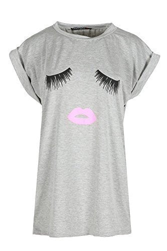 Fashion Star Womens Ladies Eyes Lips Print Turtle Neck Turn Up Sleeves Baggy Oversized Top Grey