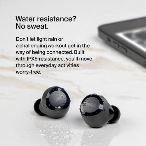 Belkin SoundForm Bolt True Wireless Earbuds, Wireless earphones with up to 28H of battery life and Mono Mode, IPX4 sweat and water resistance, Bluetooth headphones with mic for iPhone, Galaxy and more