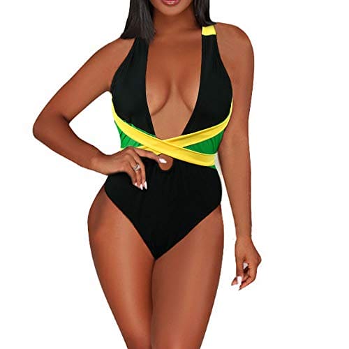 VOARYISA Women's One Piece Caribbean Flag Rasta Body Shaping Monokini Swimsuit Swimwear Bathing Suit (2X-Large/UK 24-26, Black)