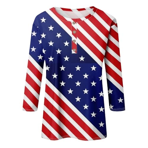 Independence Day Graphic Print Shirts for Women Casual Plus Size Tops Blouses Summer Trendy 3/4 Sleeve Button Down T Shirts Blues M Womens Raglan Shirts 3/4 Sleeve 3/4 Sleeve Button Down Shirts