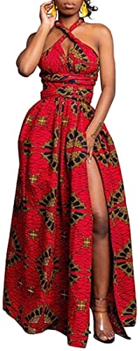 OLIPHEE Women's African Boho Dress Vintage Floor Length High Waist Multiway Bandage Dress Ethnic Costume S, Red Geometric