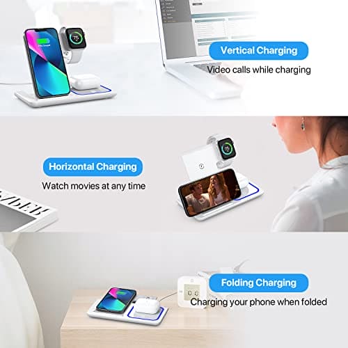 Wireless Charging Station, 3 in 1 Wireless Charger Stand, Fast Wireless Charging for iPhone 15 14 13 12 11Pro Max XR XS 8 Plus, for Apple Watch 8 7 6 5 4 3 2 SE, for Airpods 3 2 Pro(White)