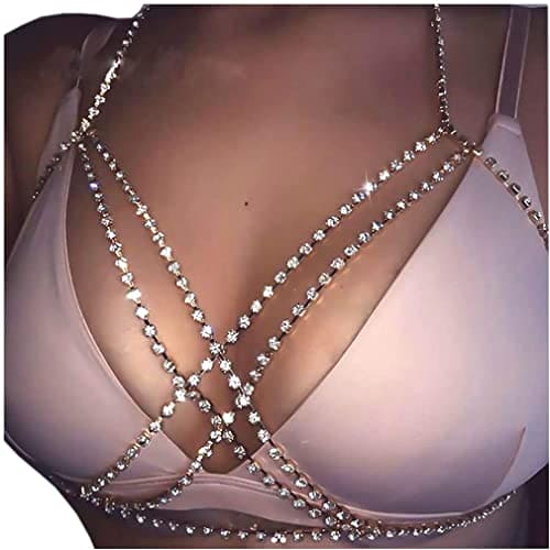 Carufin Sexy Halter Necklace Bra Crystal Breast Chain Necklace Sexy Body Chain Summer Beach Nightclub Adjustable Jewelry for Women and Girls (Gold)