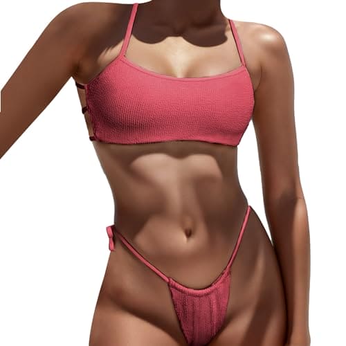 CUTeFiorino Watch Cheap Men's Sexy Split Swimsuit for Women in Spring/Summer with Chest Pad without Steel Support Plain Pattern Fabric Court Tank Top, Hot Pink, M