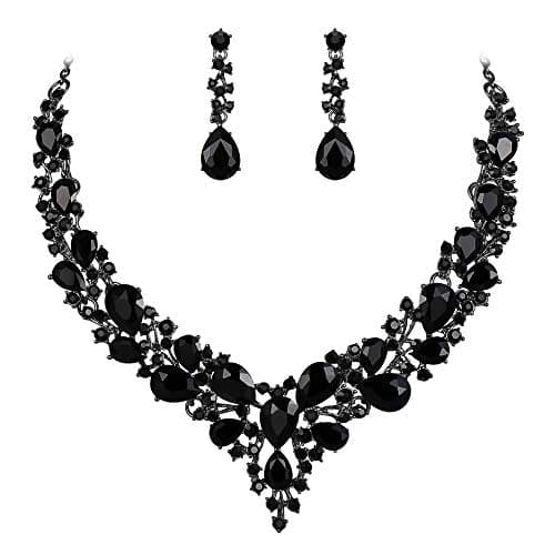 Clearine Women's Wedding Bridal Austrian Crystal Teardrop Cluster Statement Necklace Dangle Earrings Set Black Black-Tone