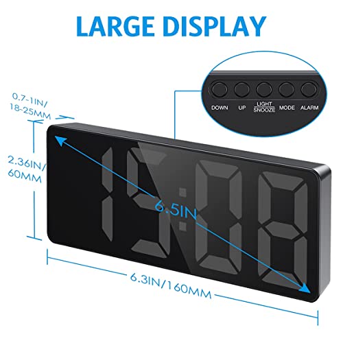 Criacr Digital Alarm Clock Bedside with 6.5" Large Display, Type-C/Battery Powered Alarm Clock with Snooze, Date, Bedside Clock with 5 Levels Adjustable Brightness, DST Function, for Bedroom,Office