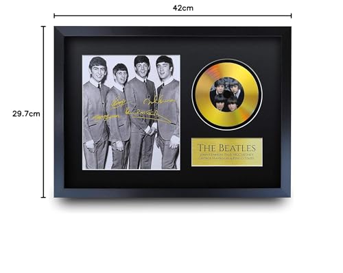 HWC Trading A3 FR The Beatles John Lennon Paul McCartney George Harrison Ringo Starr Signed Autograph Picture with a Gold Disc Image Print for Music Memorabilia Fans - A3 Framed