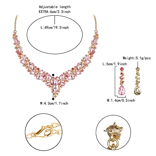 Ever Faith Wedding Bridal Crystal Teardrop Cluster Statement Necklace Dangle Earrings Jewellery Set for Women Pink Gold-Tone