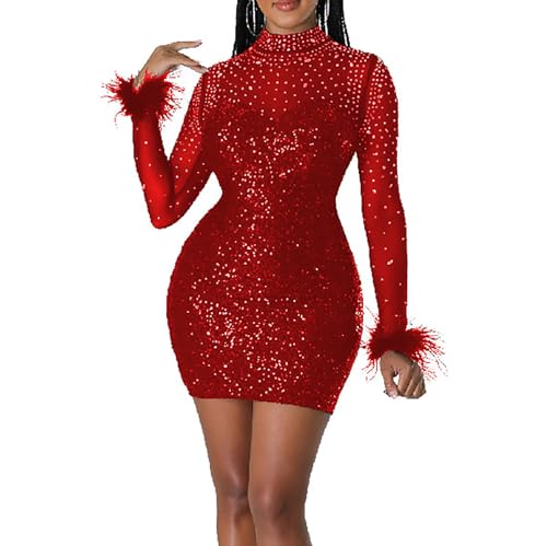 Zeiayuas Sequin Dress for Women UK Bodycon Mesh Long Sleeve Mini Dresses Turtleneck Neck Sexy Evening Wedding Guest Dress Dinner Dance Party Dress Ladies Elegant Sparkly Glitter Clubwear Red