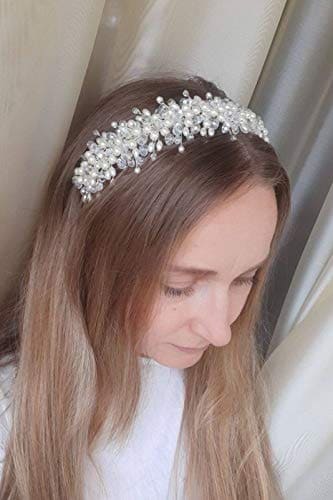 Chargances Pearl and Crystal Tiara for Brides Bridesmaid Wedding Women Hair Crown Handmade Headband Princess Hair Jewelry