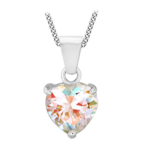 Tuscany Silver Women's Sterling Silver 9.5 mm x 10 mm Aurora Borealis Cubic Zirconia 10.5 x 20 mm Heart Pendant Curb Chain Necklace of Length 46 cm/18 Inch