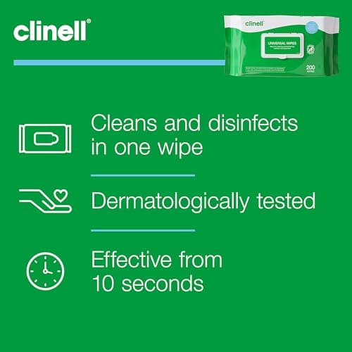 Clinell Universal Cleaning and Disinfectant Wipes for Surfaces - Pack of 200 Wipes - Multi Purpose Wipes, Kills 99.99% of Germs, Quick Action - 275mm x 200mm