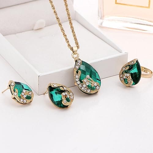 TOEECY Jewellery Set for Women Girls Crystal Pendant Necklace Stud Earrings and Ring Set Peacock Cubic Zirconia Golden Jewellery Set Gift for Wedding Bridal Bridesmaid (Green)