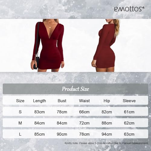 EMOTTOS Sexy Mini Wrap Dress, Sexy Deep V-Neck Ruched Dresses, Soft Long Sleeve Bodycon Pencil Dress, High Elasticity Mini Tube Club Cocktail Party Dress(Black/Red, S-L)