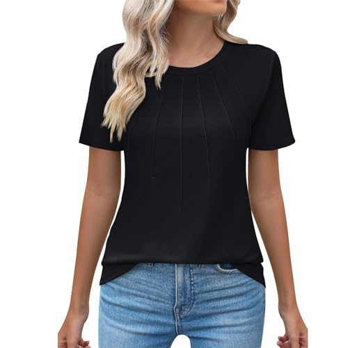 Angxiwan Today 2024 Items Under 5 Pounds Women's Blouses & Shirts Womens Casual Crew Neck Short Sleeve Pleated Tops Blouses Fashion Clothes 2024 Black