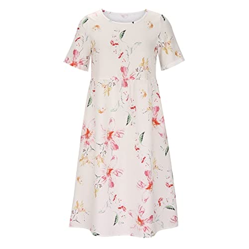 AMhomely 2023 Women Casual Sexy Round Neck Printing Summer Short Sleeve Pockets Dress Pink, XL