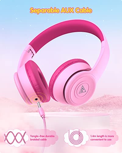 DOQAUS Headphones for Kids, Children Headphones for Boys Girls with 74/85/94dB Volume Limited, Stereo Sound, Share Function, Wired Kids Headphones with Microphone for School/Travel/Phone/PC/MP3, Pink