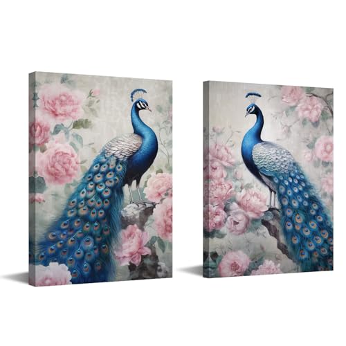 GLOKAKA Blue Peacock Wall Art Beautiful Animal Peacock Canvas Art Poster Elegant Peacock on a Branch with Pink Flowers Picture Painting for Living Room Bedroom Office Decor