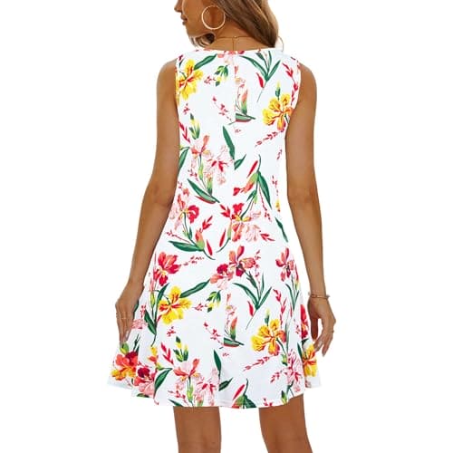 LAKOYA Spring Sale 2024 Summer Women Dresses Floral Print O Neck Tank Dresses Reto T Shirt Dresses Holiday Sleeveless Dresses Items Under 1 Pound White