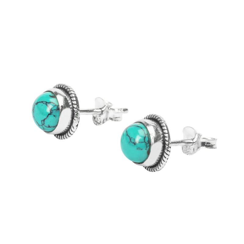 Turquoise Stone Stud Post Earrings, 925 Sterling Silver Gemstone Earring 6 MM Round Girl Women Gift