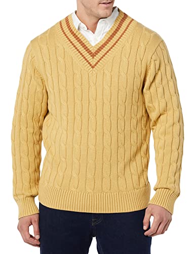 Amazon Essentials Men's Cable Knit V-Neck Jumper, Tan, XXL