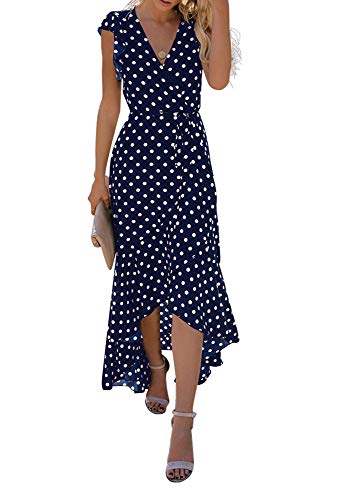 GRECERELLE Womens Summer Maxi Dress Boho Floral Cocktail Midi Polka Dot Wrap Dresses V Neck Casual Party Bohemian Flowy Long Dress for Ladies (FP Dark Green, M)