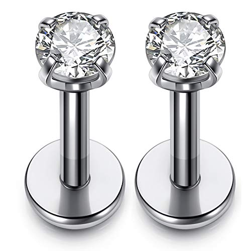 PiercingJ 2pcs 16g 316L Stainless Steel 3mm Cubic Zirconia Labret Monroe Lip Ring Cartilage Tragus Helix Earring 6-12MM Bar Length Body Piercing Jewellry