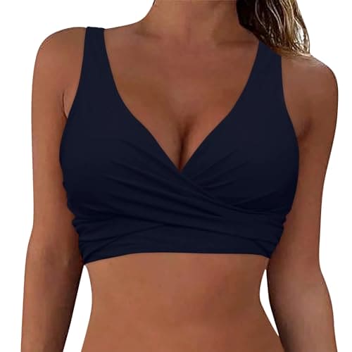 BIISDOST Bikini Top Push Up Women's Black Bra Workout Swimwear Bikini Top Swim Bra V Neck Summer Beach Wear Triangle Bikini Top Crossover Swimsuit Top Swimwear Tops, darkblue, XXL