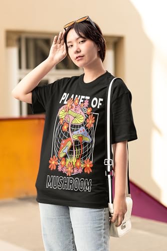 Women's Oversized Baggy Fit Short Sleeved Slogan Printed T-Shirts (UK, Alpha, S, Regular, Regular, Black : Planet of Mushroom Slogan Printed T-Shirt)