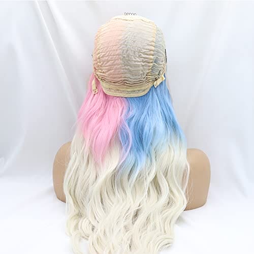 Xiweiya Blue Pink White Lace Front Wig Loose Wavy Half Blue Half Pink Synthetic Lace Wig with Blonde Tips Loose Curly Heat Resistant Fiber Wig 180% Density Hair for Women 24inch…