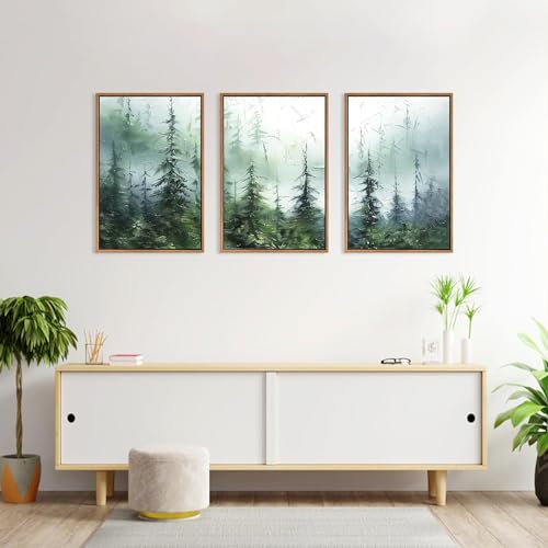 CHDITB Abstract Forest Wall Art,Green Tree Canvas Wall Art Set,Foggy Green Forest Pine Tree Wall Painting,Modern Woodland Landscape Poster,Abstract Modern Painting for Living Room Bedroom Office Decor