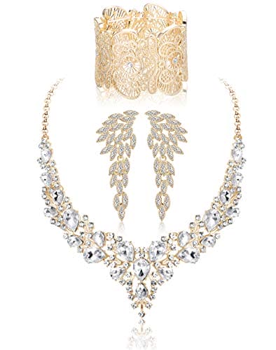 Kakonia Crystal Bling Jewellery Set for Women Rhinestone Necklace Earrings Bracelet Silver Gold Rosegold Tone Black Sparkling Galt Sparkle Bridal Weeding Bridesmaid Bride Jewellery for Women