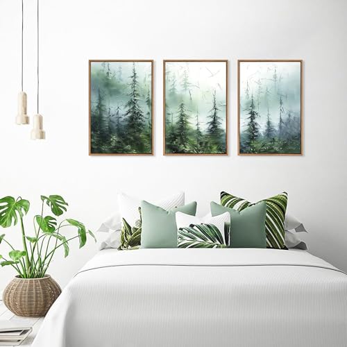 CHDITB Abstract Forest Wall Art,Green Tree Canvas Wall Art Set,Foggy Green Forest Pine Tree Wall Painting,Modern Woodland Landscape Poster,Abstract Modern Painting for Living Room Bedroom Office Decor