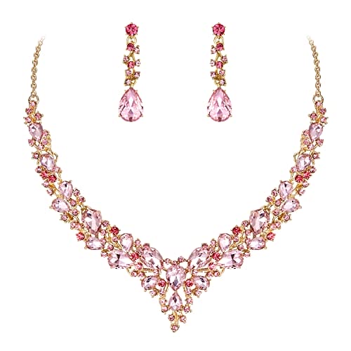 Ever Faith Wedding Bridal Crystal Teardrop Cluster Statement Necklace Dangle Earrings Jewellery Set for Women Pink Gold-Tone