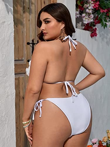 OYOANGLE Women's Plus Size 2 Piece Bikini Set Appliques Triangle Halter Swimsuit Tie Side Bathing Suit White 4XL