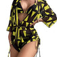 OYOANGLE Women's 3 Piece Graphic Halter Triangle Bikini Swimsuit with Drawstring Cover Up Black Yellow Multi L