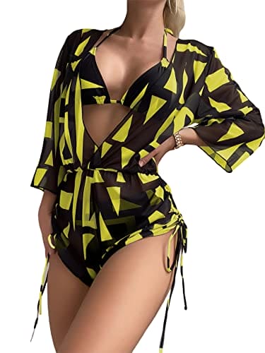 OYOANGLE Women's 3 Piece Graphic Halter Triangle Bikini Swimsuit with Drawstring Cover Up Black Yellow Multi L